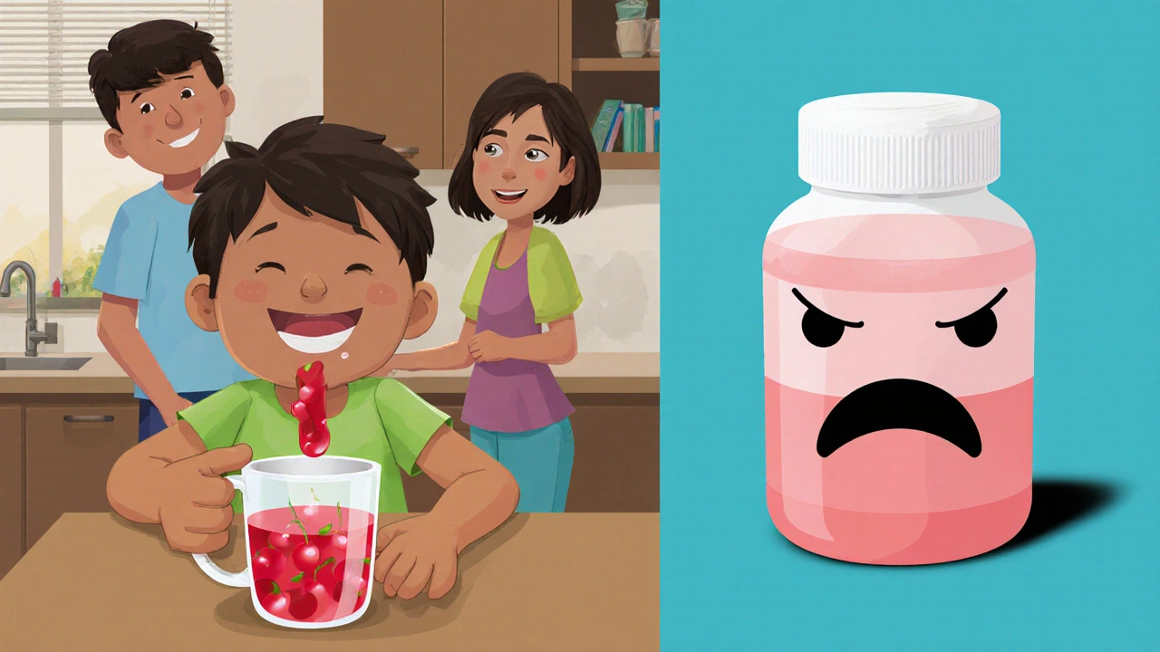 Child drinking cherry-flavored compounded medicine with happy family, contrasting standard pill bottle on side.