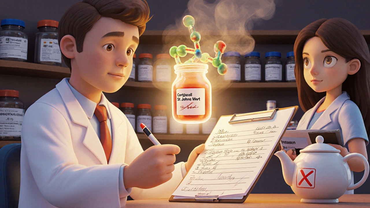 Doctor and pharmacist reviewing meds with cortisol protein and St. John’s Wort warning, clay style.