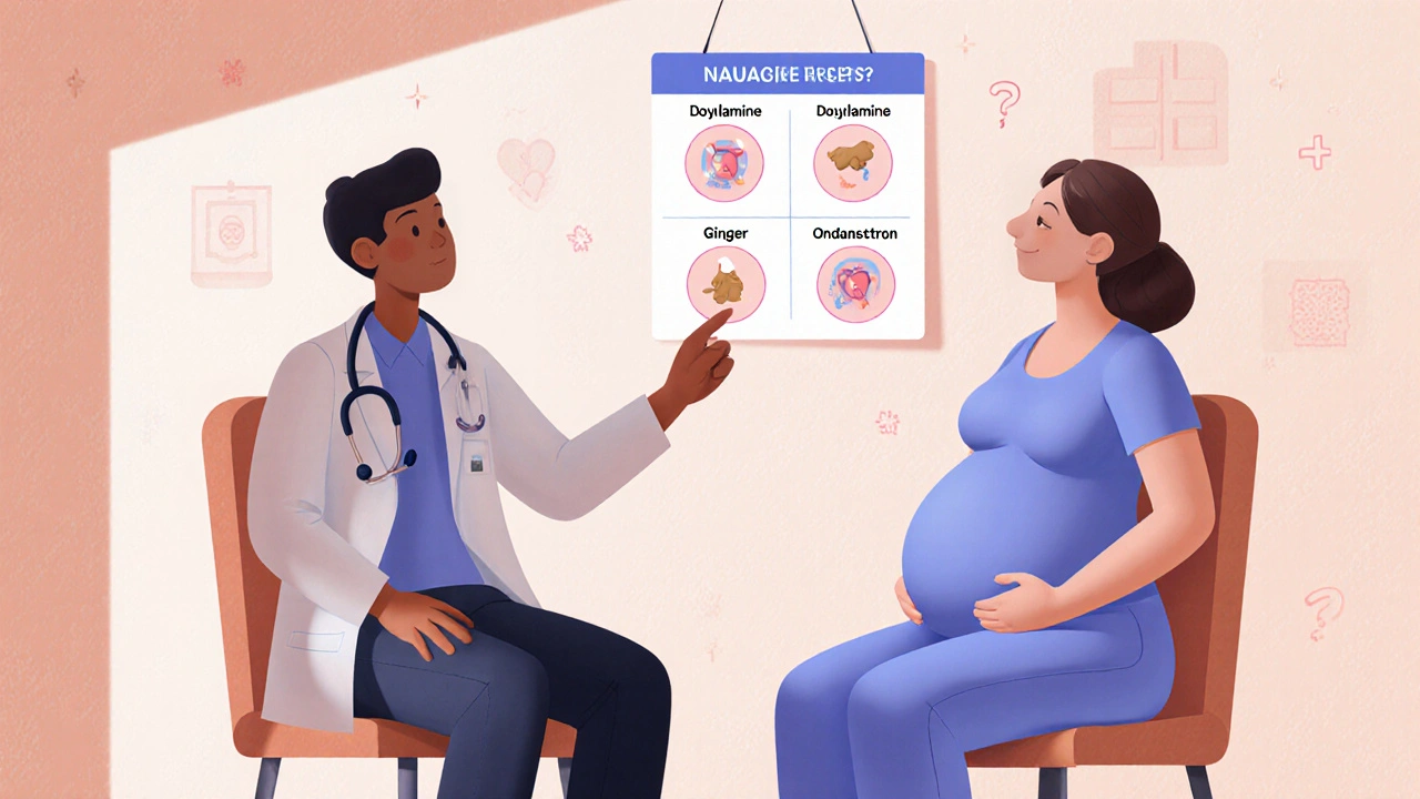 Doctor and pregnant patient reviewing treatment options together in a warm clinic setting.