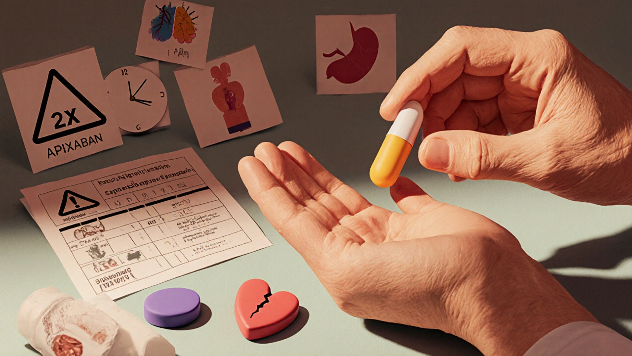 Doctor handing apixaban to an elderly patient, with discarded pills and warning icons for kidneys, heart, and GI bleeding nearby.