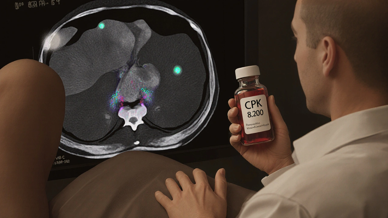Doctor holding blood test and MRI scan showing muscle inflammation patterns