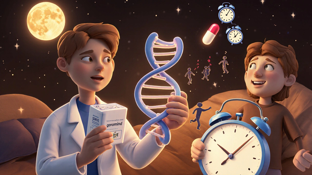 Doctor holding DNA helix splitting into sleep-friendly and sleep-disrupting antidepressant paths with personalized timing.