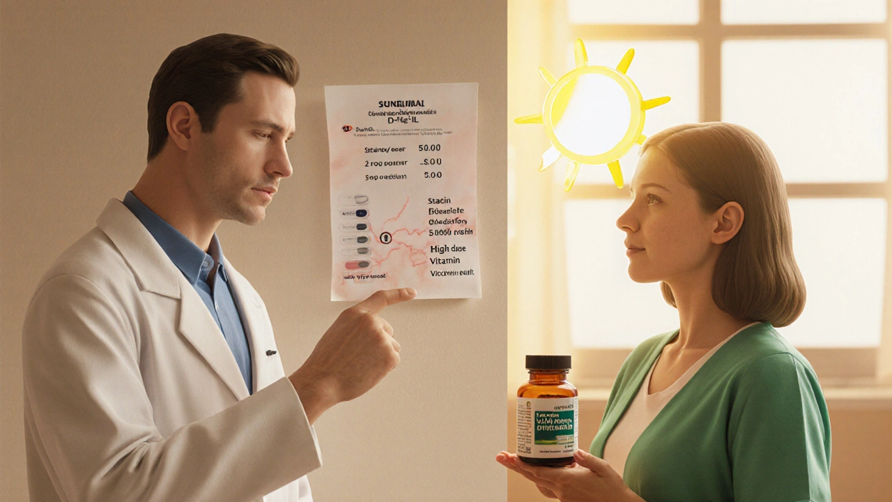 Doctor showing vitamin D blood test result while patient holds high-dose supplement, clay rendering.