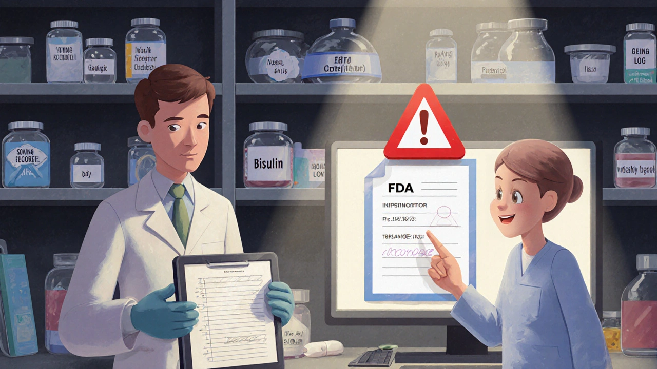 FDA investigator reviewing training records in a lab with digital compliance issues
