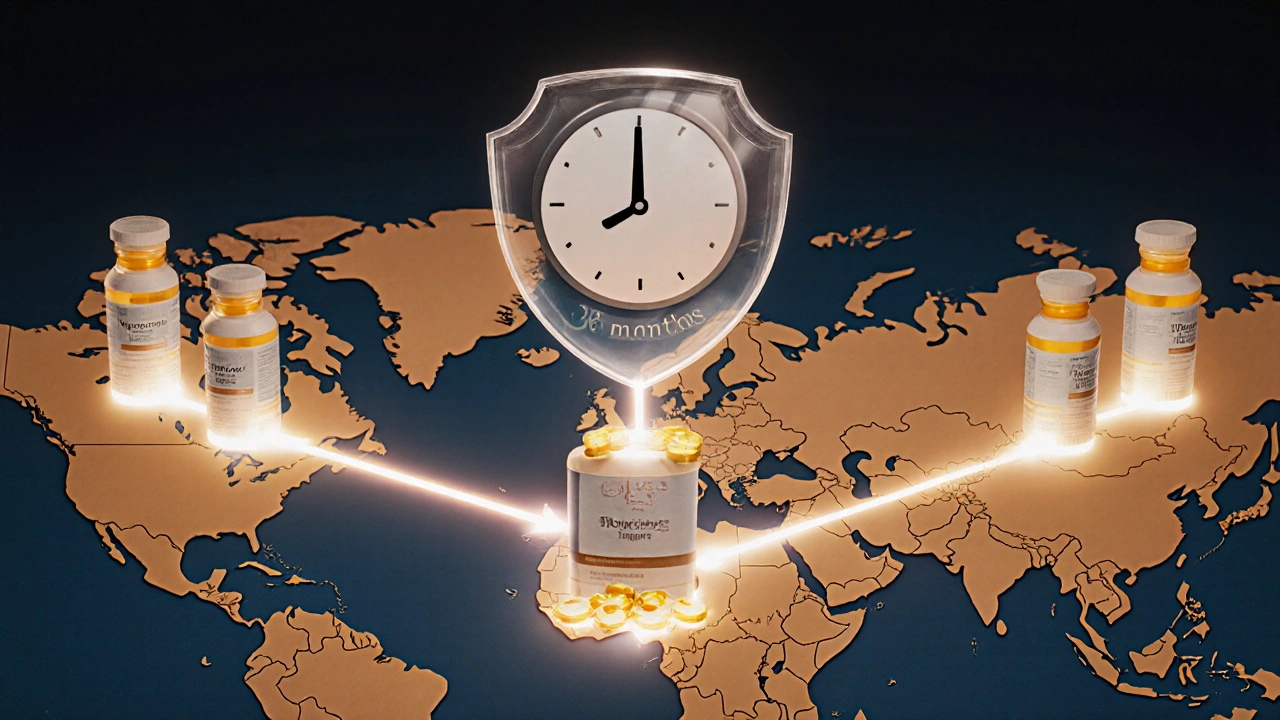 Global map showing pill distribution across cities with a protective shield symbolizing lasting drug quality.