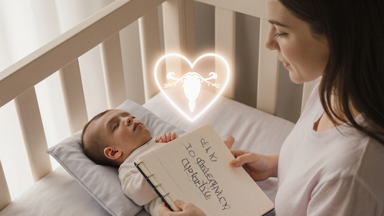 Newborn sleeping beside mother with gentle heart and placenta glow above, symbolizing safety.