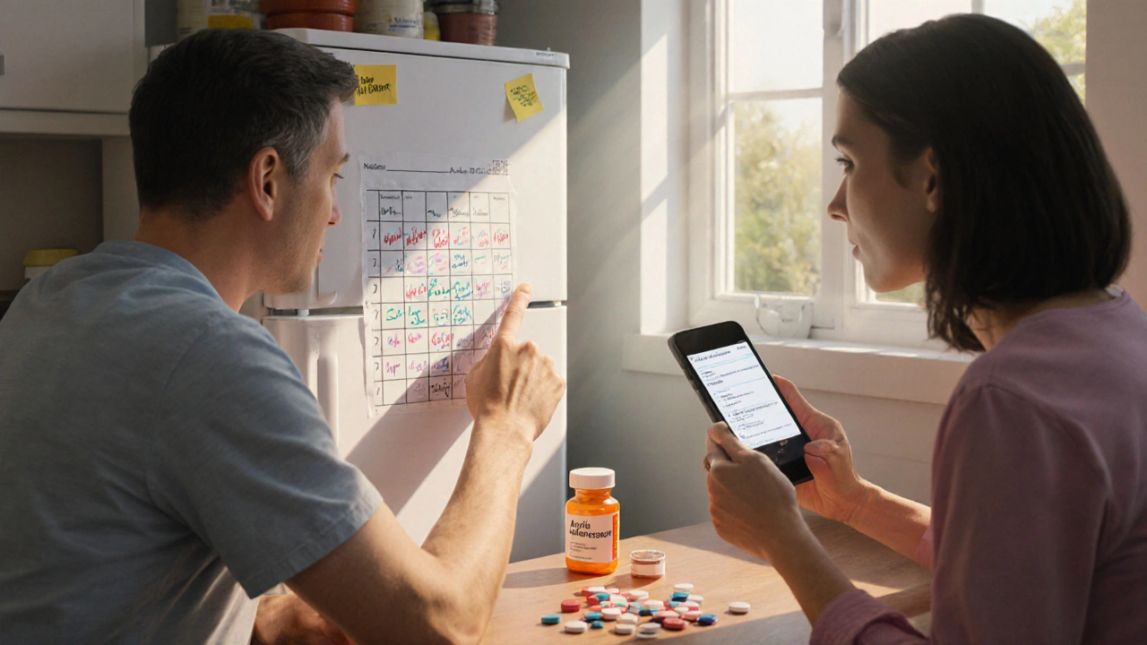 Patient and caregiver reviewing a clear medication chart on the fridge with sunlight streaming in