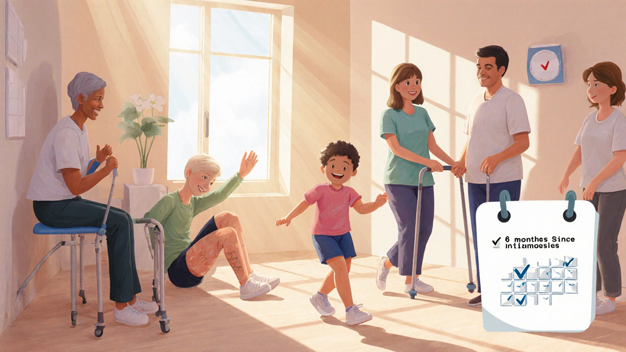 Patients doing gentle physical therapy with sunlight streaming in, symbolizing recovery