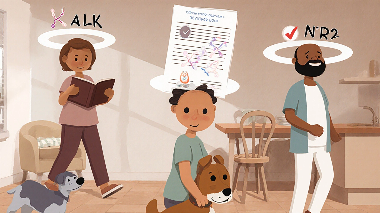 Patients with translucent genetic codes above their heads, each matching a targeted therapy, in calm everyday settings.