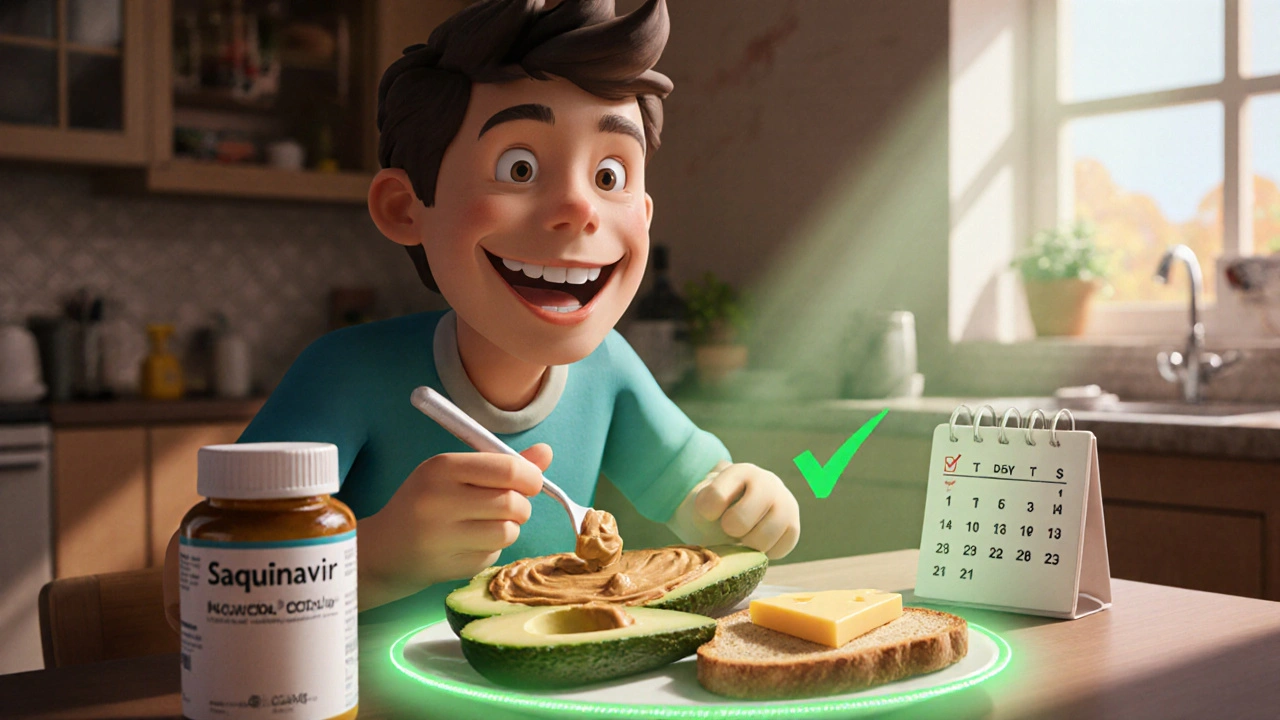 Person eating a high-fat breakfast with HIV medication, symbolizing improved drug absorption.