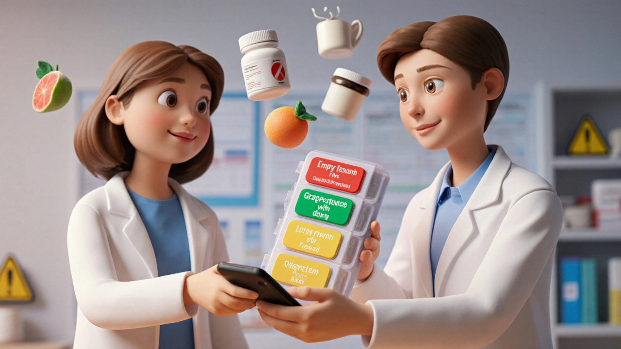 Pharmacist giving color-coded pill organizer to patient for proper medication timing.