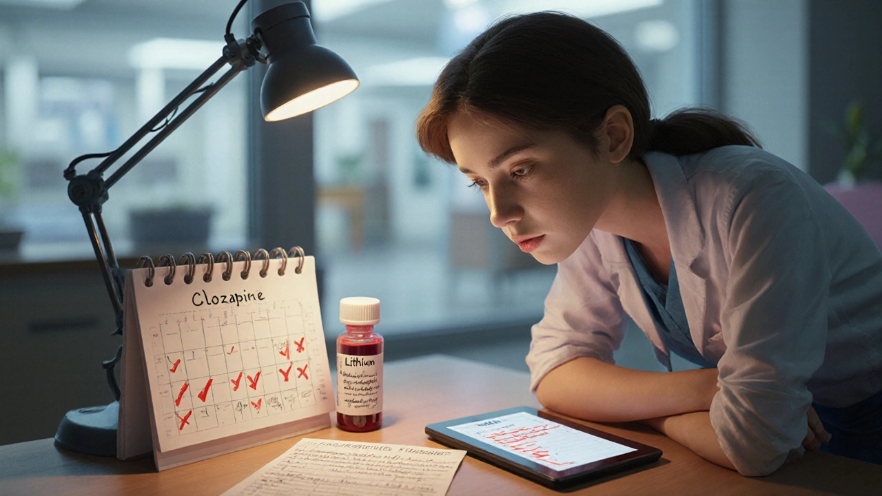 Pharmacist reviewing digital medication alerts beside a patient&#039;s lithium blood test and calendar reminders