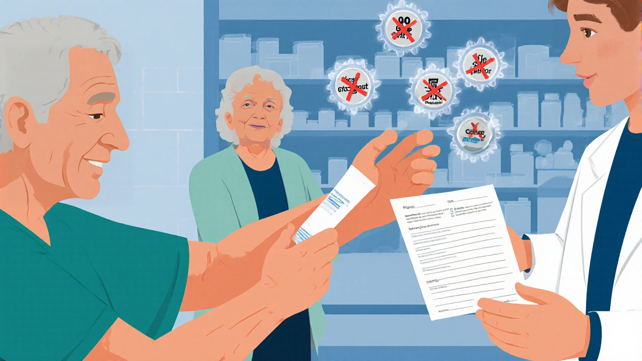 Senior applying custom pain cream while doctor and pharmacist review prescription, with allergen icons floating nearby.