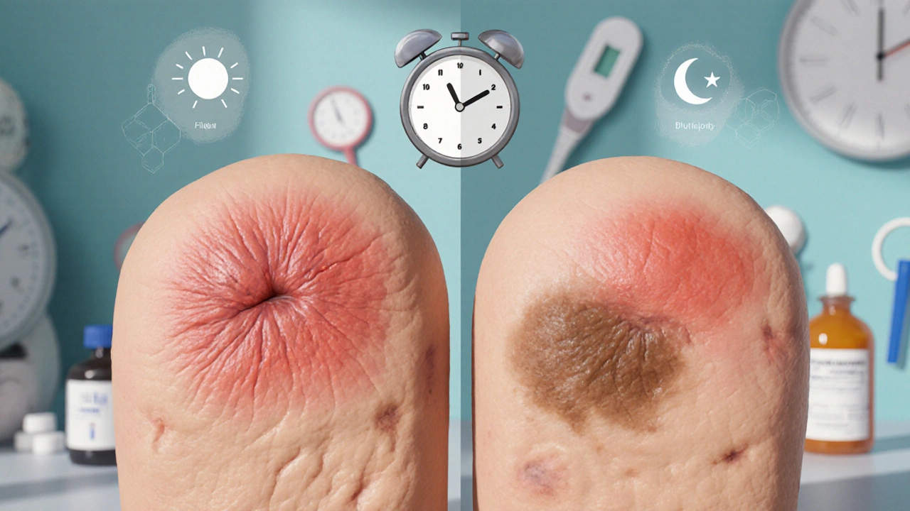 Side-by-side comparison of inflamed skin versus healed skin after povidone-iodine treatment.