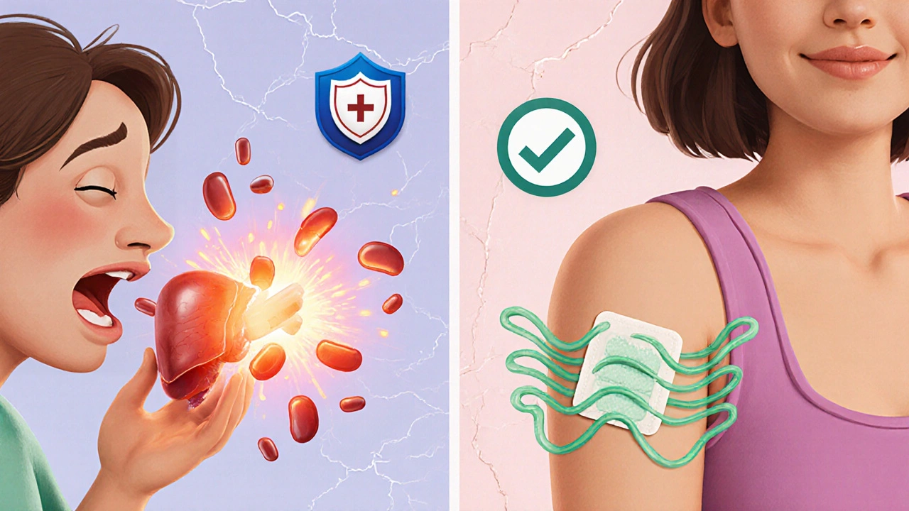 Side-by-side: oral HRT affecting liver vs. patch bypassing liver, clay rendering style.