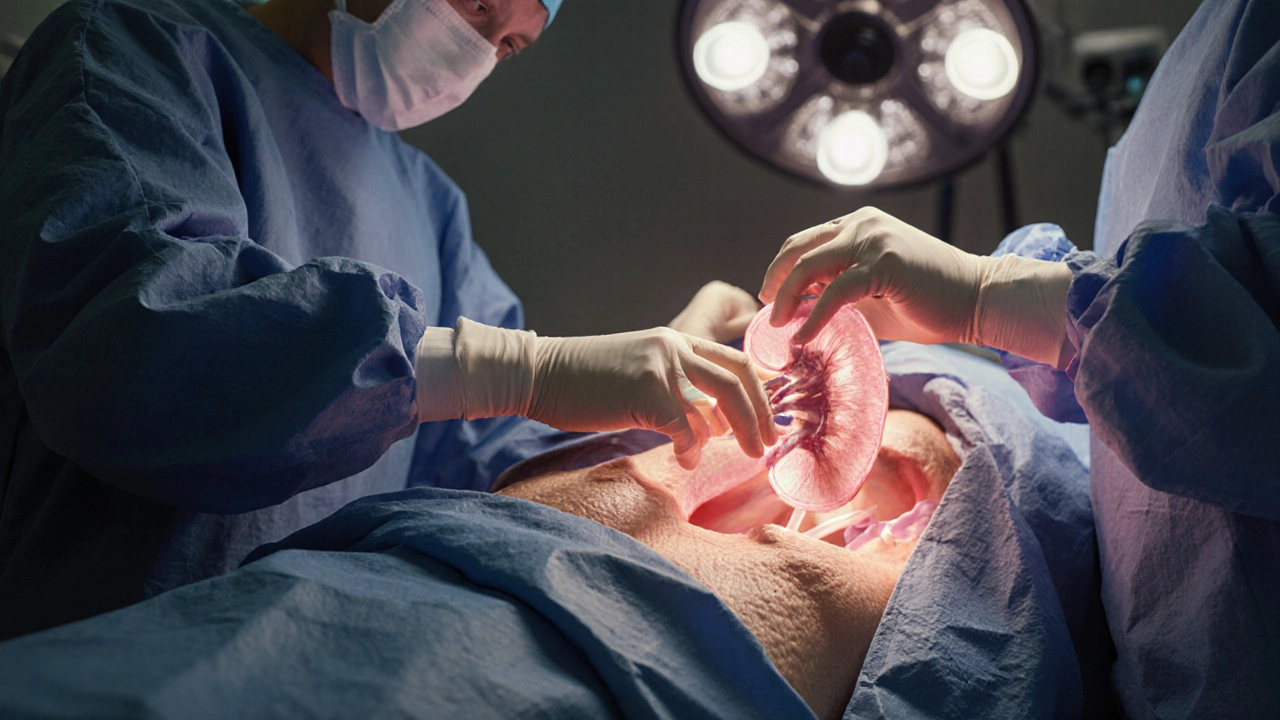 Surgeon placing a transplanted kidney into a patient&#039;s abdomen during surgery.