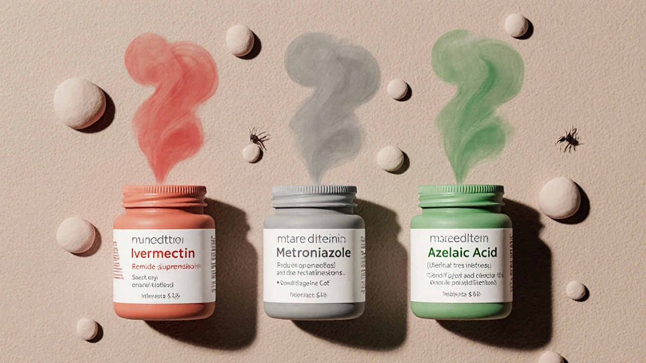 Three clay jars of rosacea treatments releasing colored smoke representing their anti-inflammatory effects.