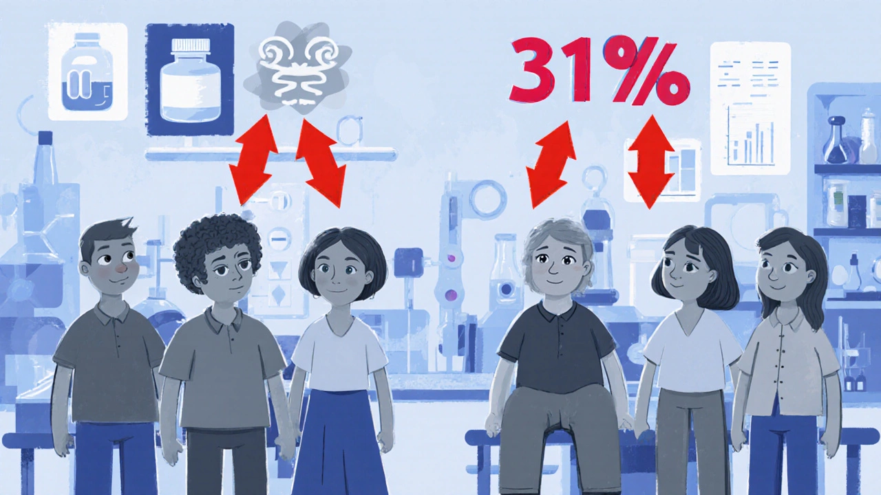 Two groups in a lab with identical muscle pain rates shown on charts, clay illustration style.