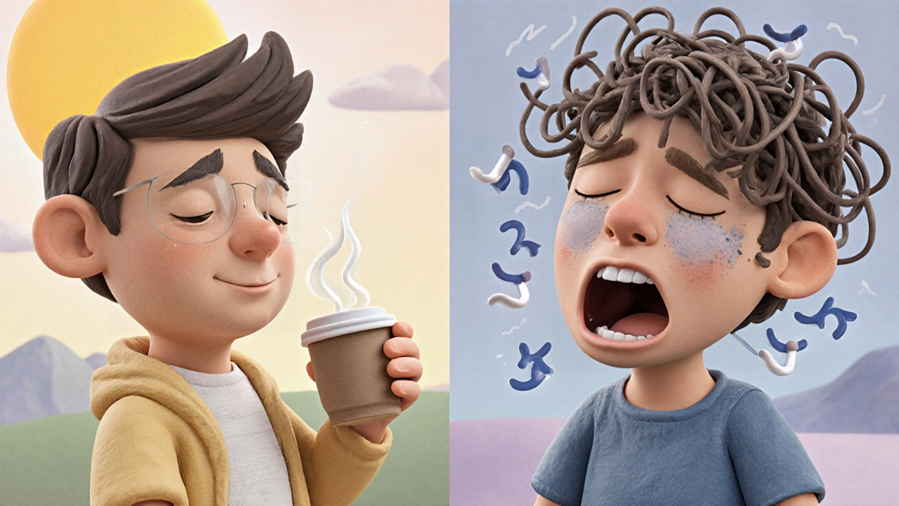 Two people taking the same antidepressant at different times—morning vs. afternoon—with contrasting sleep effects.