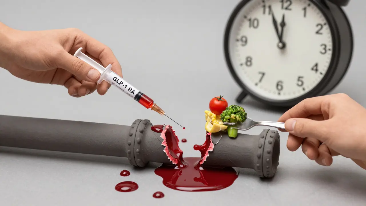 A broken pipe repaired by medicine and diet, symbolizing combined heart disease prevention.