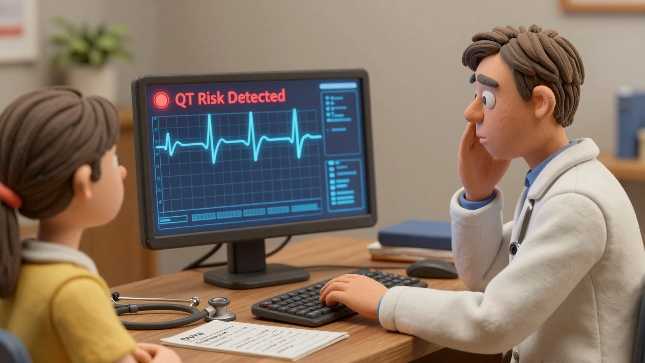 A doctor sees a QT risk alert on a screen while reviewing a patient&#039;s medication list.