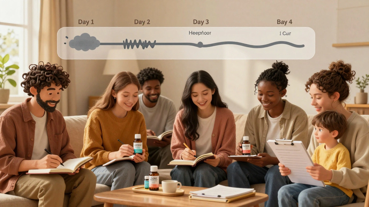 A group of people journaling with peppermint oil capsules, showing symptom improvement over four weeks.