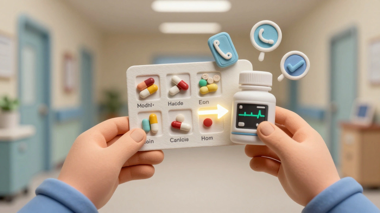 A patient holds a visual pill guide with photos of their medication changes over time.