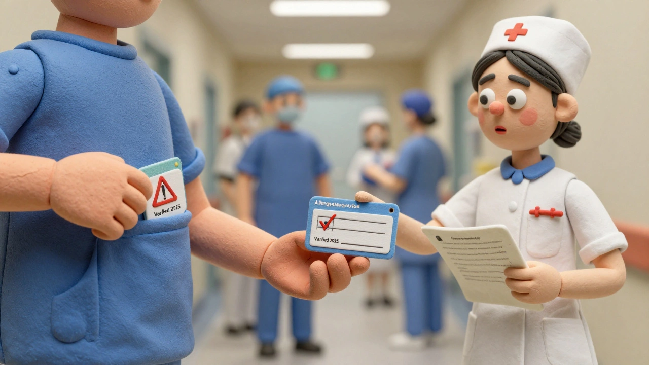 A person handing a clay emergency allergy card to a nurse in a hospital, with outdated charts blurred in the background.