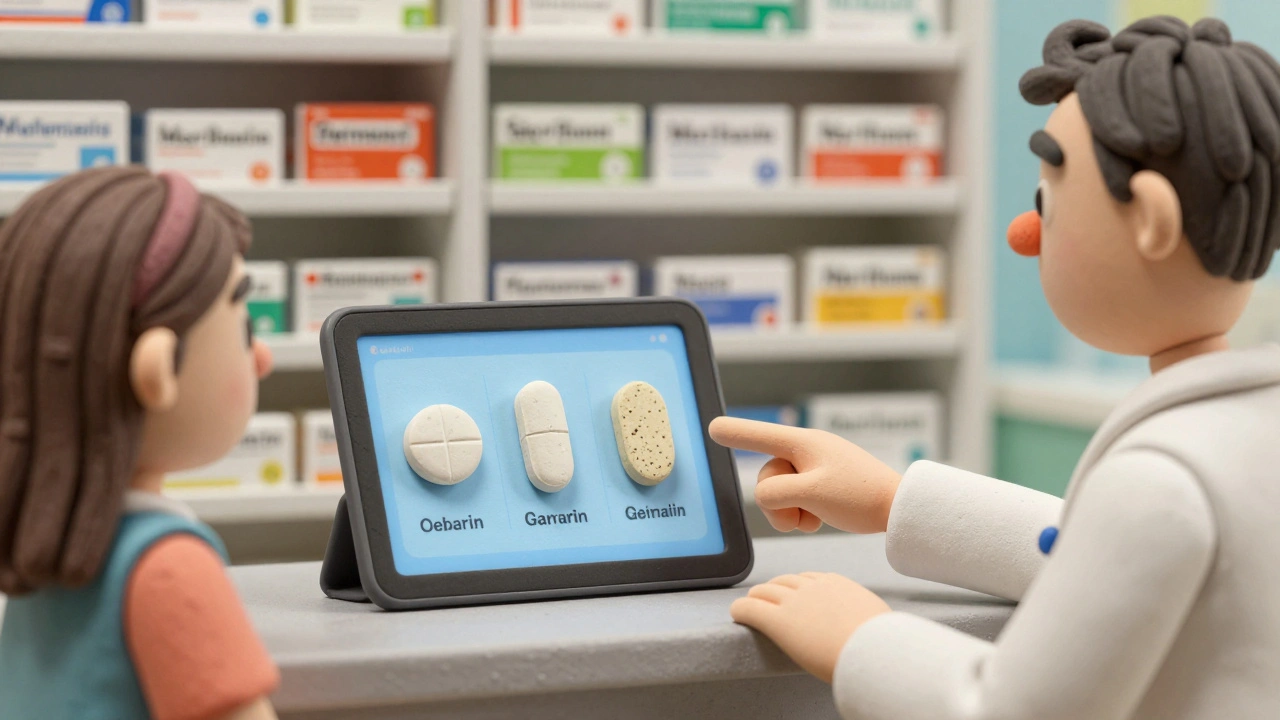 A pharmacist shows a patient three versions of the same generic pill on a digital screen.