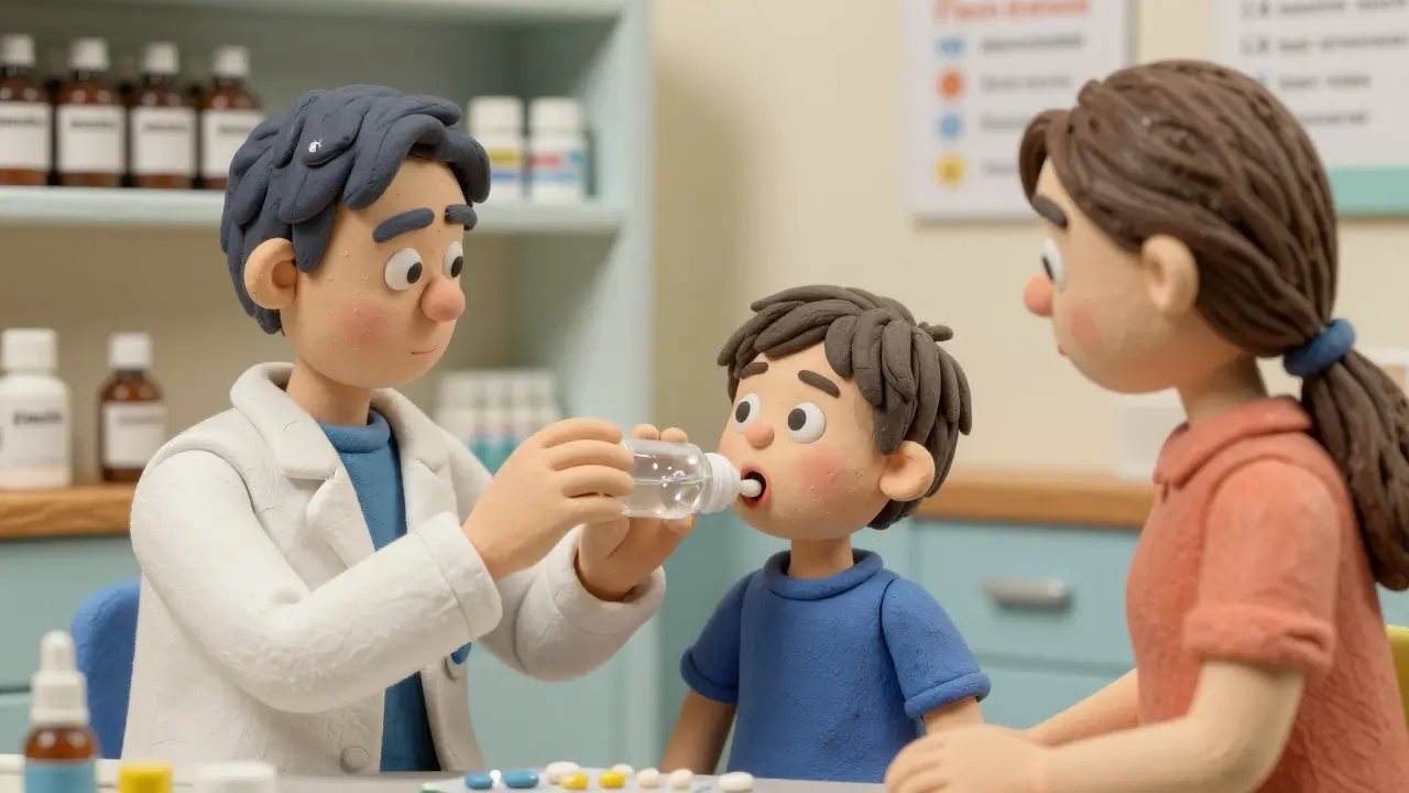 A pharmacist teaches a parent and child how to swallow a tablet using the bottle method in a clinic.
