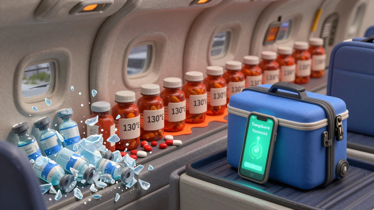 A plane cargo hold shows damaged meds from ice and heat, while a safe cooler glows with a temperature alert.