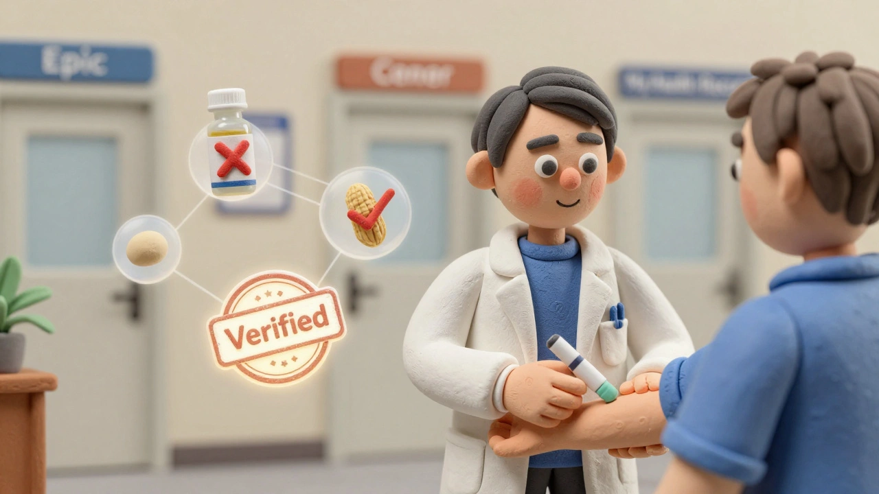 An allergist performing a skin test while floating icons of verified and rejected allergies appear above, with clinic doors connected by data streams.