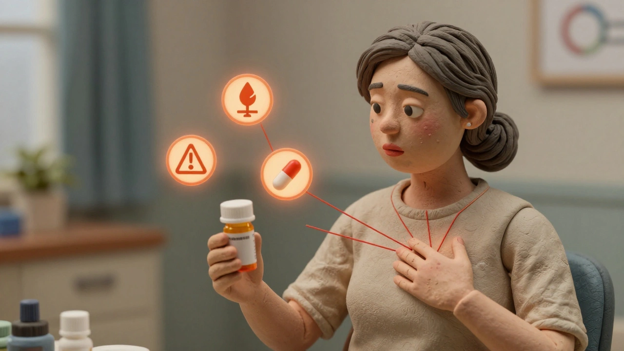 An elderly woman surrounded by warning symbols of drug interactions affecting her heart.