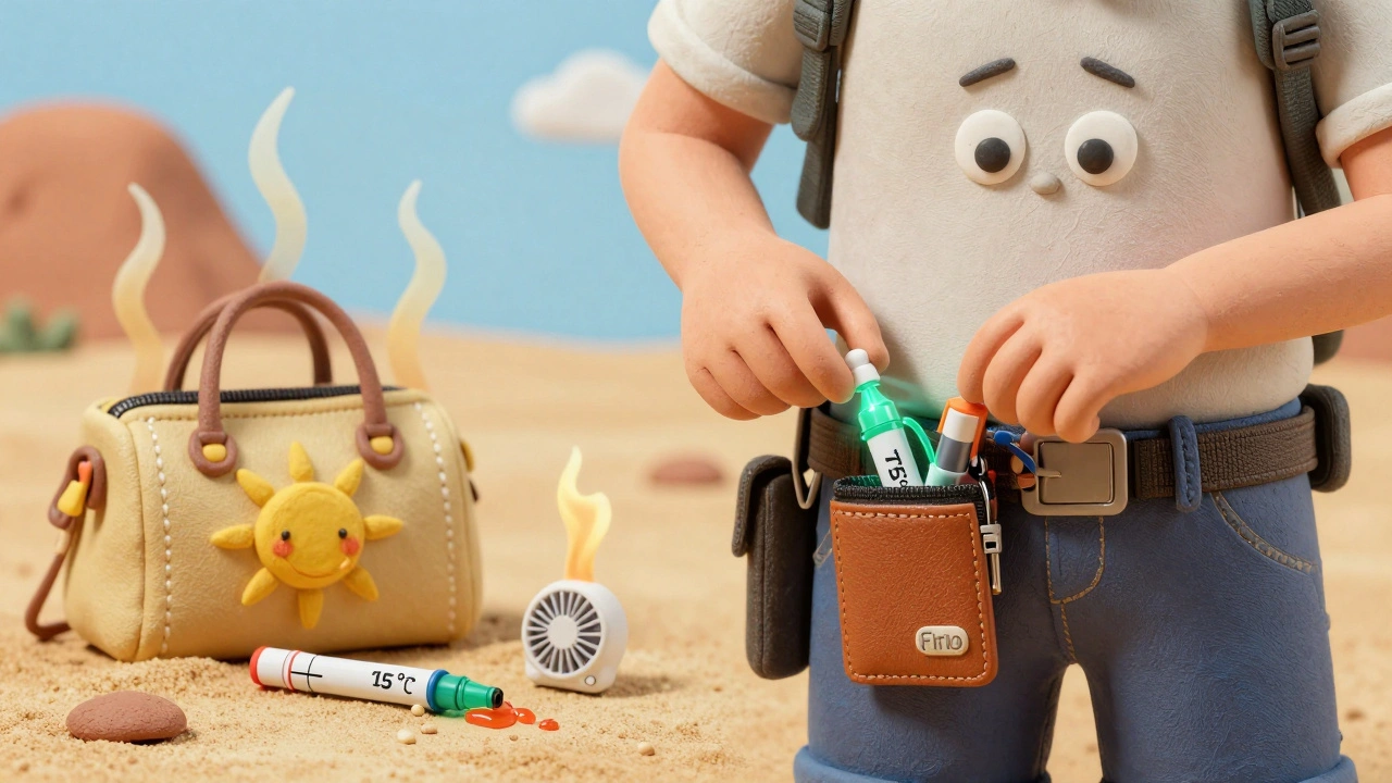 An EpiPen in a Frio wallet stays cool on a belt, while another overheats in a beach bag under sun rays.