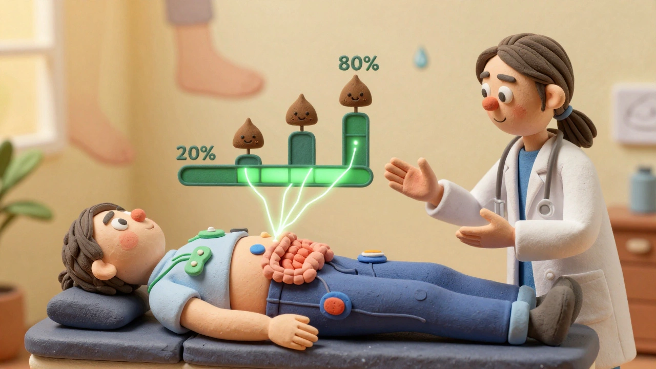 Biofeedback therapy with sensors and glowing nerves guiding bowel function.