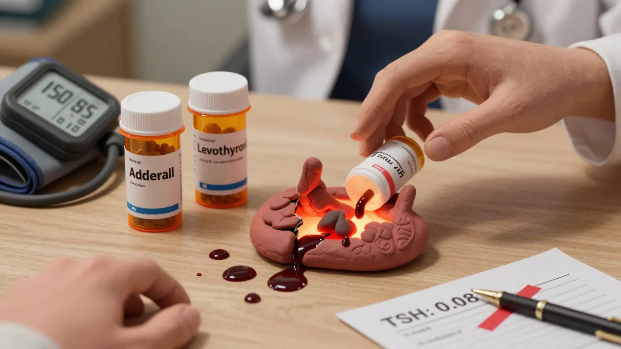 Clay bottles of Adderall and levothyroxine on a desk, Adderall leaking onto a glowing thyroid, high blood pressure reading.