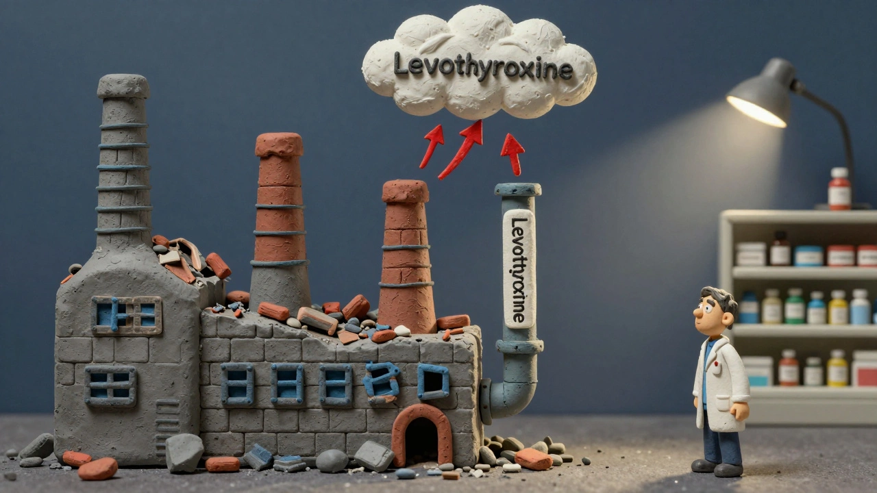 Clay factory with one active pipe spewing price spikes, others collapsed, under a stormy sky.