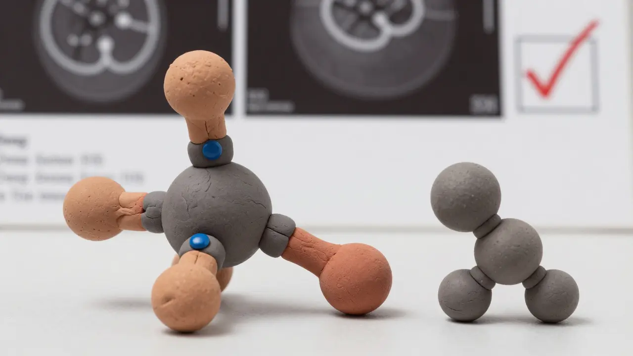 Clay figurines of calcium and bisphosphonate molecules binding together in gut, one calcium molecule moving away safely