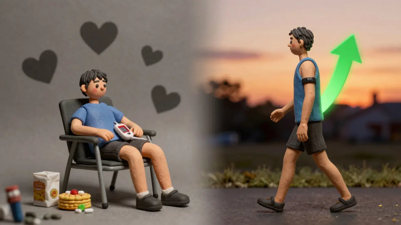 Contrasting scenes of unhealthy habits versus active, healthy living with medication.