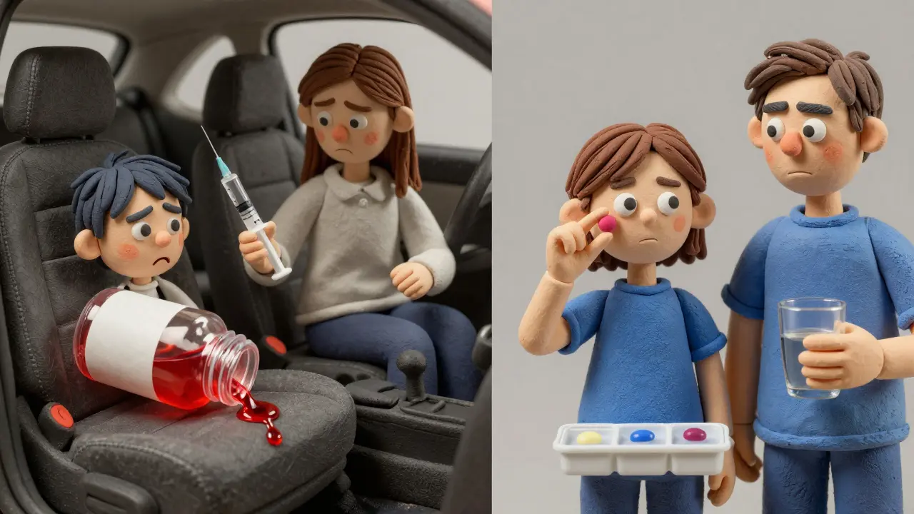 Contrasting scenes: spilled liquid medicine vs. neat tablets, showing stress versus ease in giving medication.