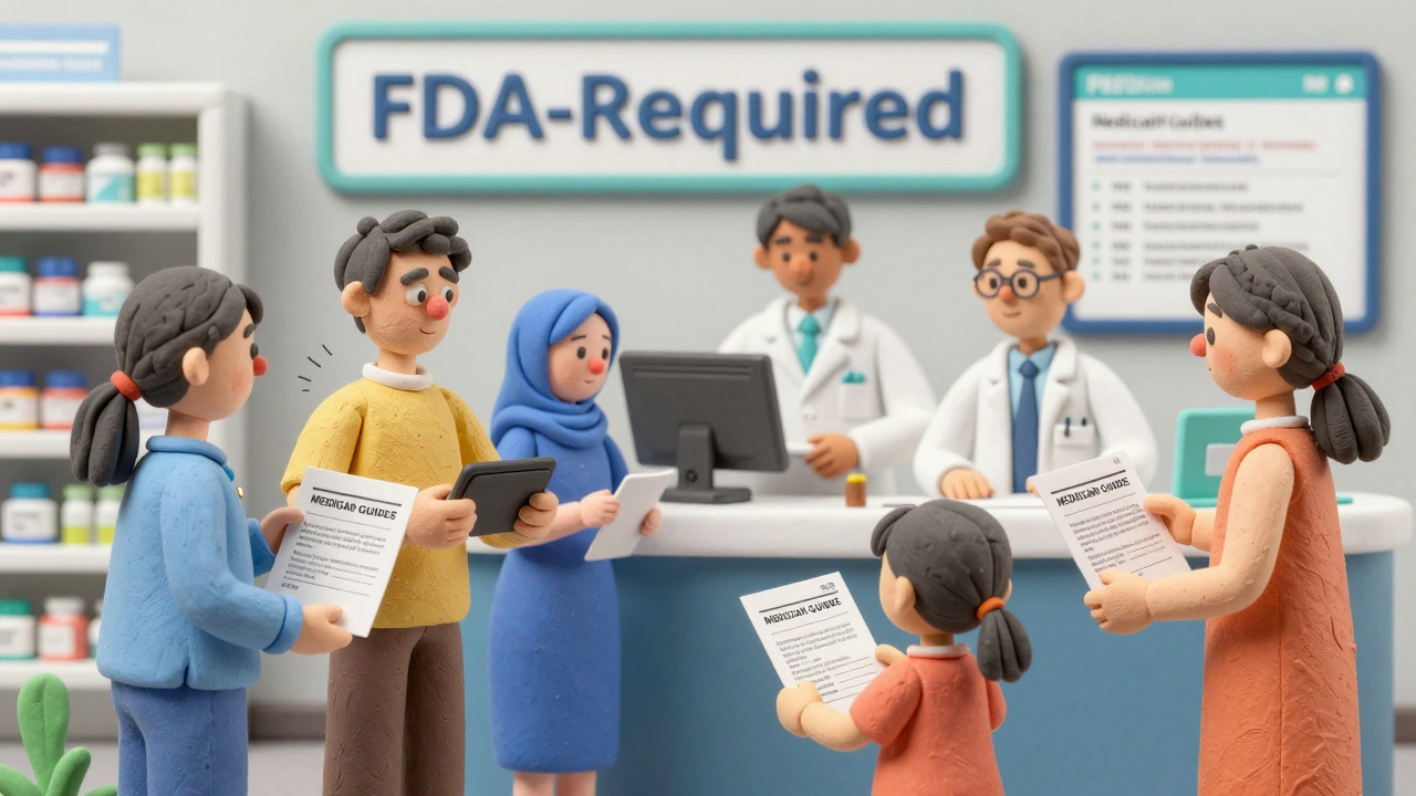 Diverse group of patients holding Medication Guides outside a pharmacy with FDA sign.