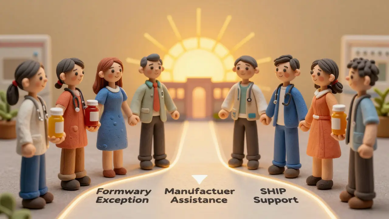 Diverse group of patients walking toward hope on a path marked with support options.