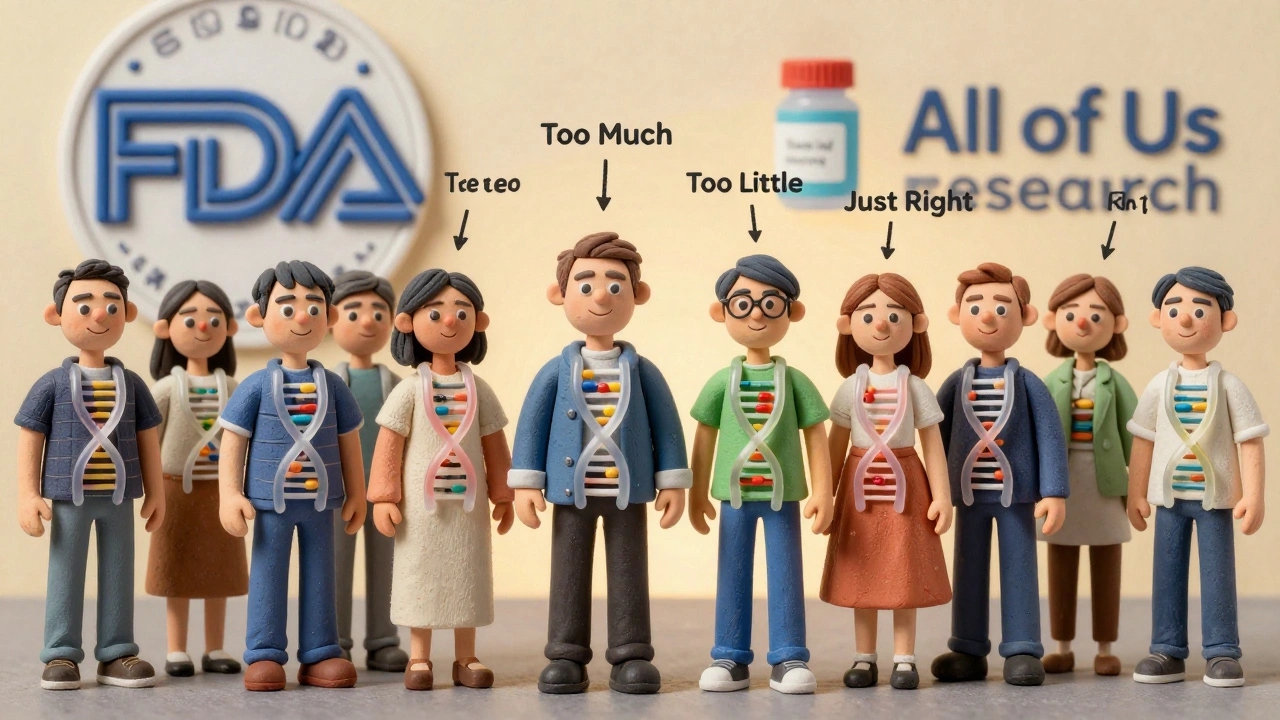 Diverse people with glowing DNA helices pointing to correctly dosed medications, FDA and All of Us logos