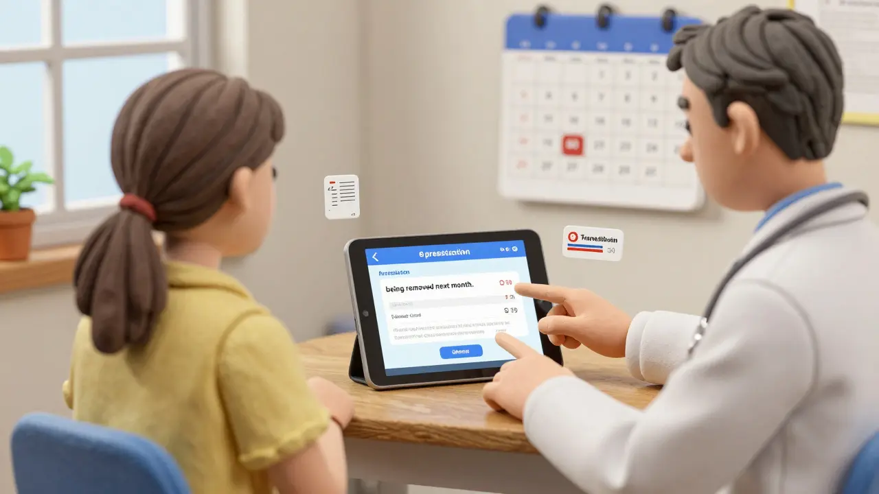 Doctor and patient reviewing e-prescribing system warning of upcoming drug removal.