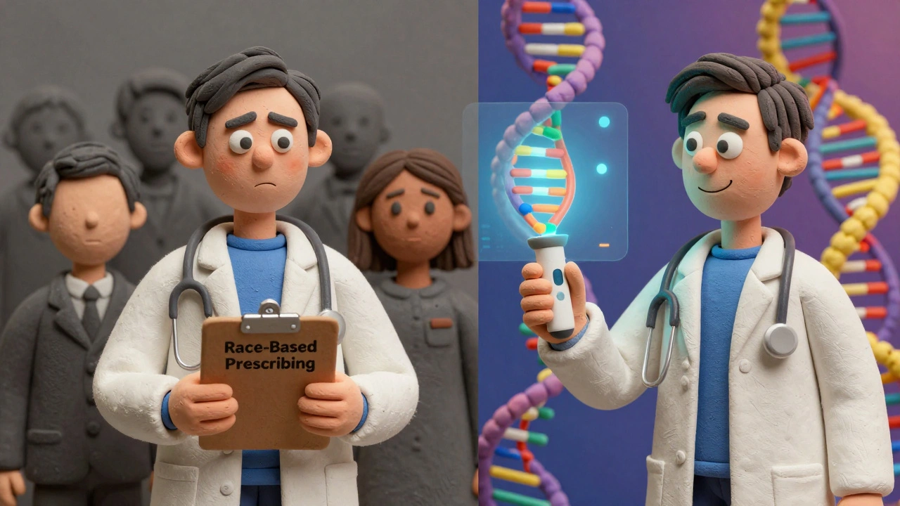 Doctor comparing race-based prescribing to DNA testing, transition from gray to vibrant DNA