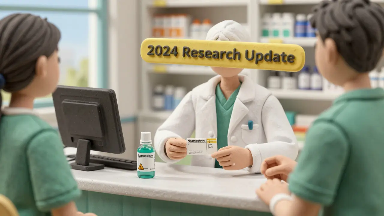 Doctor handing metronidazole to patient while pointing to alcohol-containing mouthwash on pharmacy counter.