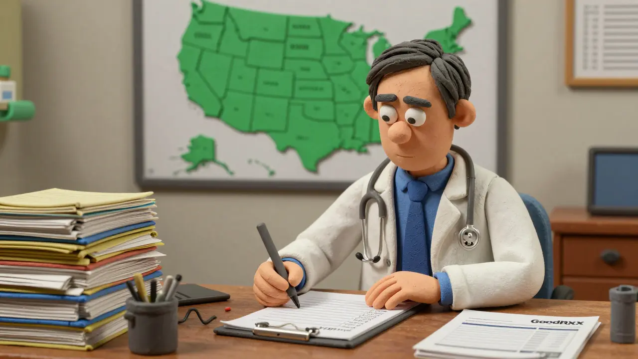 Doctor writing appeal letter surrounded by medical records and a U.S. map showing protective states