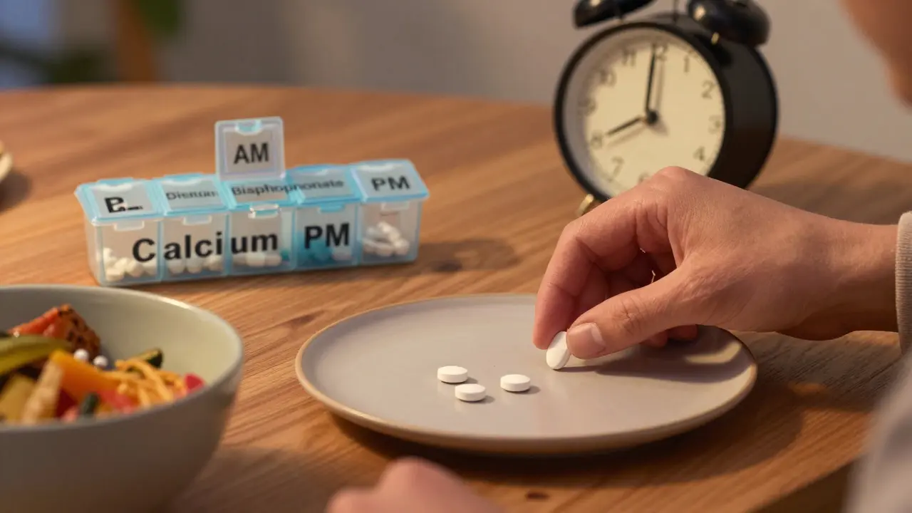 Evening meal with calcium and vitamin D supplements, bisphosphonate not present