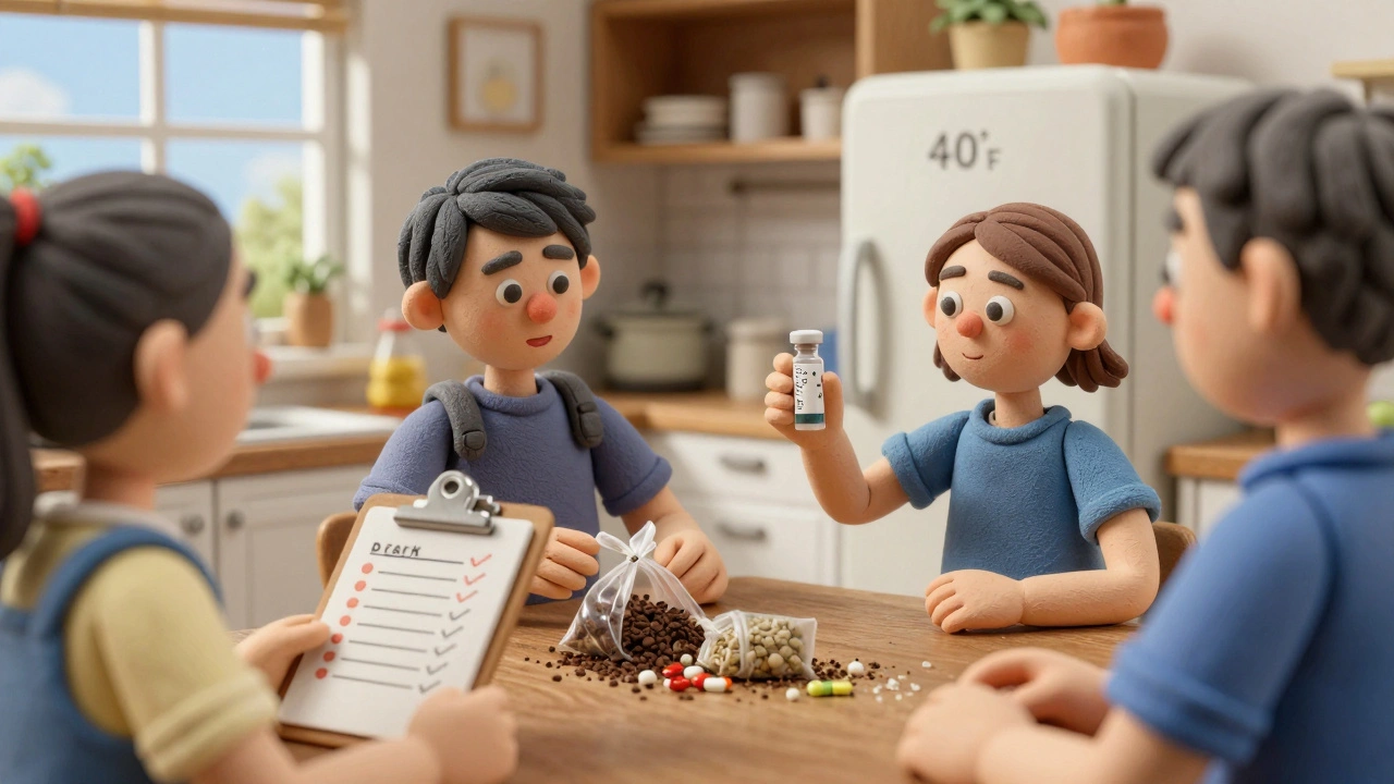 Family disposing of expired pills in a sealed bag with coffee grounds and cat litter.
