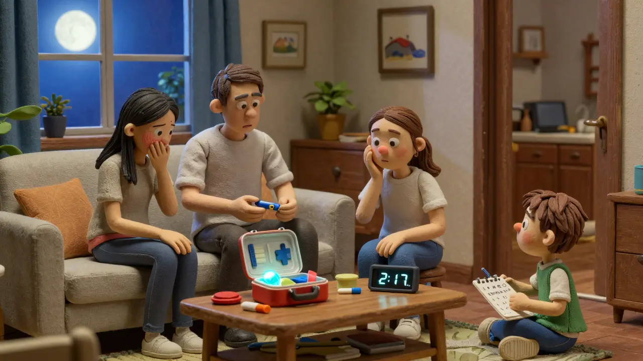 Family in living room at night using an EpiPen during a reaction, emergency kit open nearby.